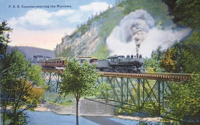 Postal de un expreso del Ferrocarril de Pensilvania entrando en los Estrechos en Cumberland, Maryland, c.1910 de American School
