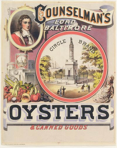Póster publicitario de Ostras y Productos Enlatados de la Marca Lord Baltimore de Counselman de American School
