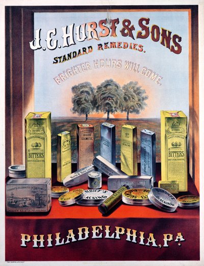 Cartel publicitario de los Remedios Estándar de J.E. Hurst & Sons - Horas más brillantes vendrán de American School