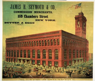 Póster publicitario de James H. Seymour & Co. en el New York Produce Exchange, grabado por Sacket, Wilhelms y Betzig, c.1885 de American School