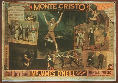 Póster publicitario de Mr James ONeill como Edmond Dantes, en la versión de Charles Fichter de El Conde de Montecristo de American School