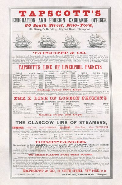 Cartel publicitario de las Oficinas de Emigración y Cambio Extranjero de Tapscott, Nueva York, enero de 1859 de American School