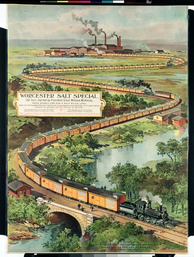 Póster publicitario del Worcester Salt Special, 162 coches iniciados por el presidente electo McKinley, 1897 de American School
