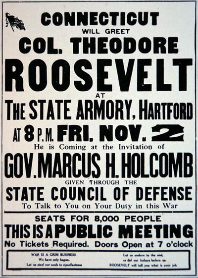 Cartel anunciando una reunión para partidarios de la entrada de América en la Primera Guerra Mundial de American School