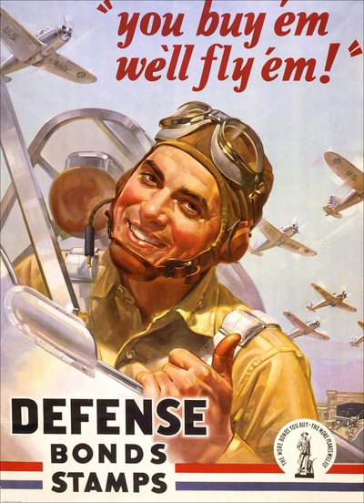 Cartel para préstamo de guerra "Tú los compras, nosotros volamos" con un soldado americano en su avión y aviones de la Fuerza Aérea del Ejército de los EE.UU. 1942. de American School