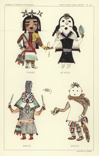 Powamu, So Wuqti, Masauu, Eototo (litografía en color) de American School