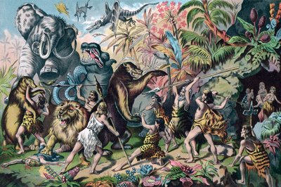 Hombre Prehistórico Luchando contra Animales Feroces de American School