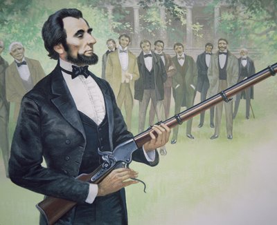 El presidente Abraham Lincoln prueba el rifle repetidor de siete disparos Spencer en agosto de 1863 de American School