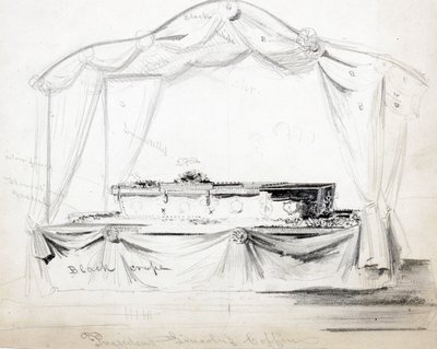 El ataúd del presidente Abraham Lincoln en estado en la Casa Blanca, Washington D.C., abril 1865 de American School