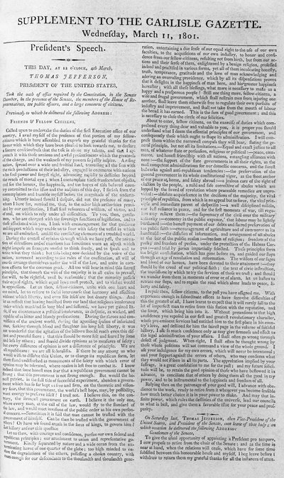 Discurso inaugural del presidente Jefferson, suplemento de la Carlisle Gazette, 11 de marzo de 1801 de American School