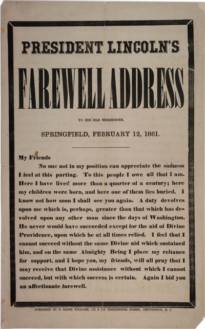 Discurso de despedida del presidente Lincoln a sus antiguos vecinos, Springfield, 12 de febrero de 1861 de American School