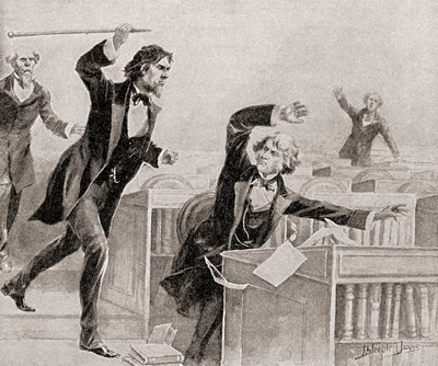 Preston Smith Brooks, ferviente defensor de la esclavitud, agrediendo con un bastón al senador Charles Sumner, abolicionista, en el pleno del Senado de los Estados Unidos, el 22 de mayo. de American School
