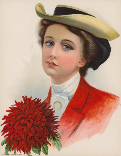Bonita joven con sombrero y un gran crisantemo rojo en la mano (litografía en color) de American School