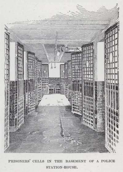 Celdas de prisioneros en el sótano de una comisaría (litografía) de American School