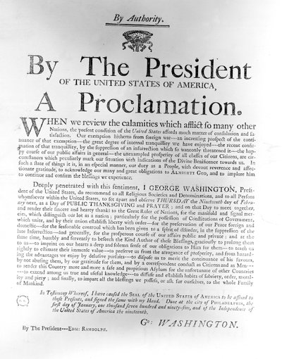 Proclamación del presidente George Washington (1732-99) designando el jueves 19 de febrero como día de Acción de Gracias y Oración Pública, 1795 de American School