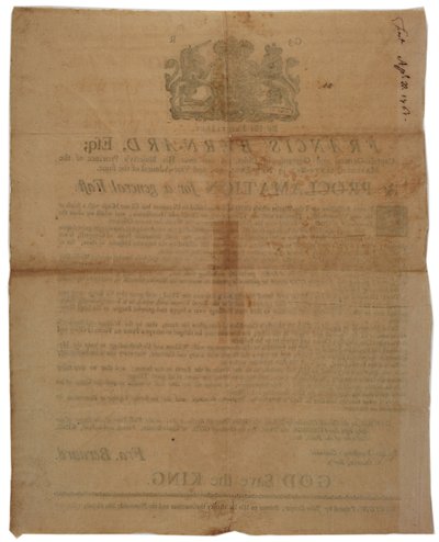Proclamación en nombre de Francis Bernard, Gobernador de la Bahía de Massachusetts: anunciando un día de ayuno durante la Guerra Franco-India, 8 de abril de 1761 de American School