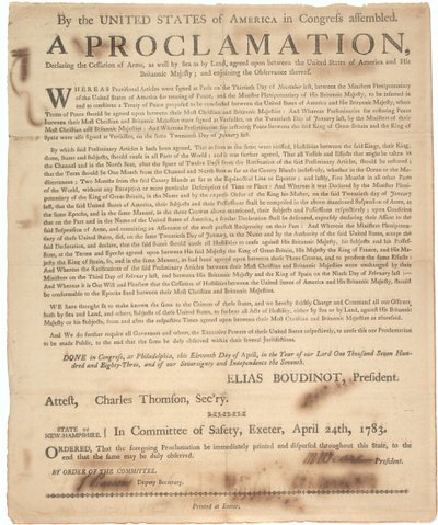 Proclamación del Congreso declarando el cese de armas y el fin de la guerra, 24 de abril de 1783 de American School