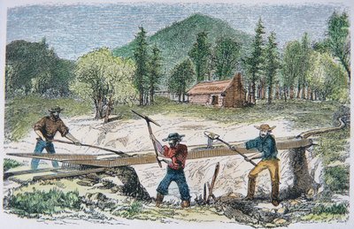Buscadores de oro usando una esclusa durante la Fiebre del Oro de California de 1849 de American School