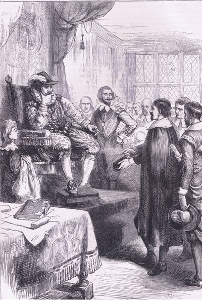 Puritanos ante Jacobo I, ilustración de la Historia de los Estados Unidos de Cassell, publicada por Petter & Galpin c.1890 de American School