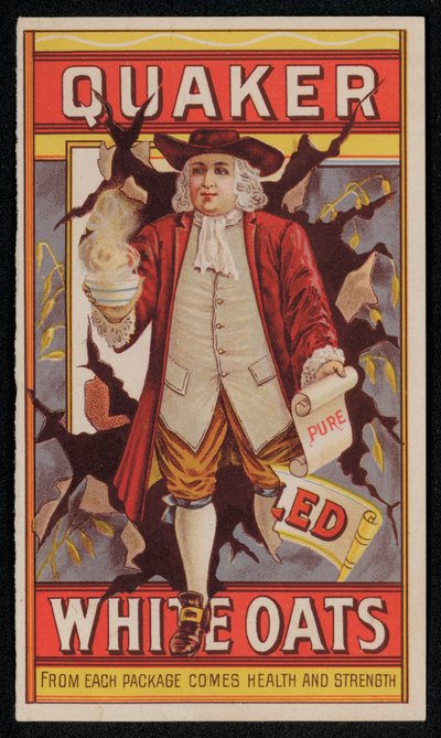 Quaker Oats, anuncio de finales del siglo XIX o principios del XX (chromolitho) de American School