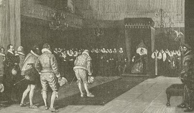 La reina Isabel recibiendo a los embajadores franceses después de la masacre de San Bartolomé, del cuadro de Wm F Yeames de American School