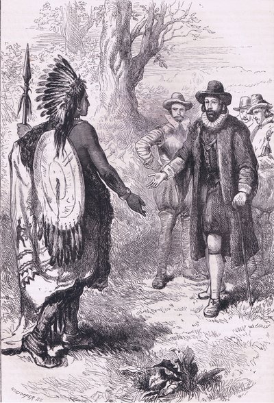 Recepción de un guerrero Naragansett, ilustración de la Historia de los Estados Unidos de Cassell, publicada por Petter & Galpin c.1890 de American School
