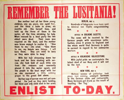 "Cartel de reclutamiento de la Primera Guerra Mundial "Remember the Lusitania de American School