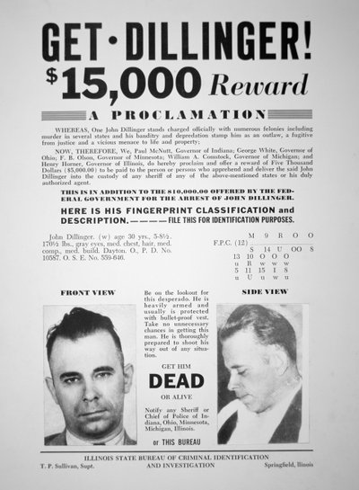 Cartel de recompensa para John Dillinger de American School