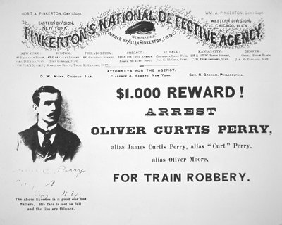 Cartel de recompensa por la captura de Oliver Perry emitido por la Agencia Nacional de Detectives Pinkerton de American School