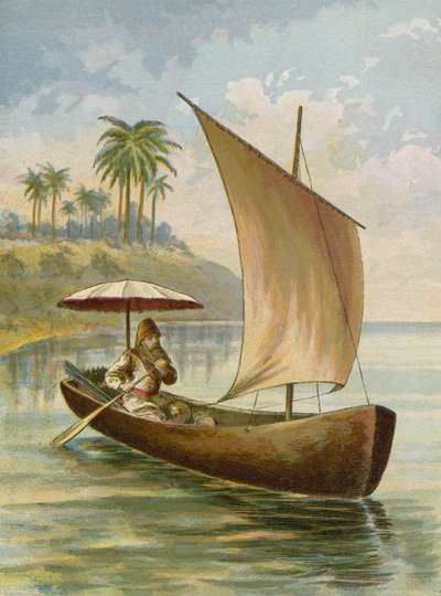 Robinson Crusoe navegando en su bote de American School