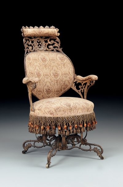 Silla centrípeta de hierro fundido pintada y dorada de estilo Rococó Revival, fabricada por la American Chair Company, Nueva York, c.1850 de American School