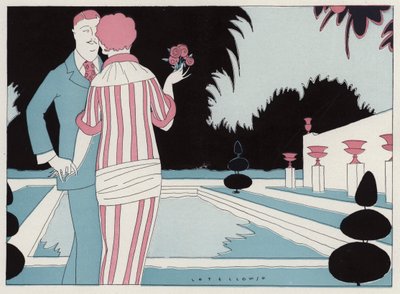 Pareja romántica cogida de la mano junto a la piscina, escena del relato Prospective Honeymooners de J A Waldron (litografía en color). de American School