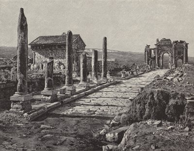 Ruinas de la ciudad romano-bereber de Timgad (antigua Thamugas), Argelia (grabado) de American School