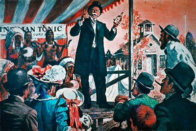 América rural: vendedor ambulante de tónico "curativo" (litografía en color) de American School