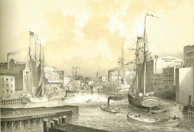 Puente de Rush Street, vista desde State Street, de Chicago Illustrated, con descripciones literarias de James W. Sheahan, publicado por Jevne & Almini, Chicago, 1866-67 de American School