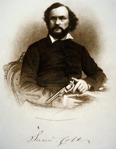 Samuel Colt sosteniendo uno de sus revólveres de percusión de American School