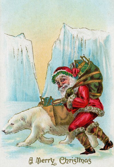 Papá Noel con un oso polar en el Polo Norte de American School