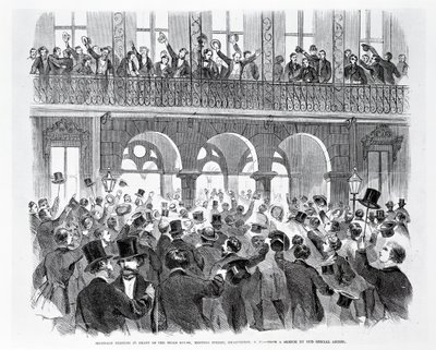 Reunión de secesión frente a la Casa de los Molinos, Meeting Street, Charleston, Carolina del Sur, c.1860 (grabado) de American School