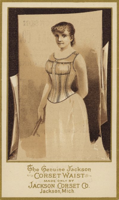 Fotografía sepia de dama con corsé de American School