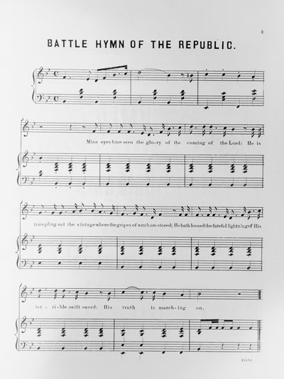 Partitura del Himno de Batalla de la República, escrito por Julia Ward Howe (1819-1910) 1862 de American School