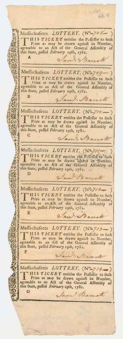Hoja de boletos de lotería, Lotería de Massachusetts, 1781 de American School