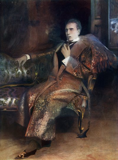 Sherlock Holmes, escena de "Sherlock Holmes-A Drama in Four Acts" de William Gilette de American School