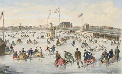 Patinaje en Union Pond, pub. 1863 (litografía en color) de American School