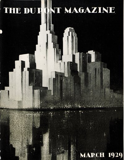 Rascacielos, portada de la revista DuPont, marzo 1929 de American School