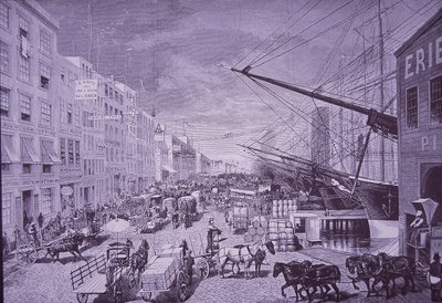 South Street Seaport en la década de 1870, Ciudad de Nueva York (grabado) de American School