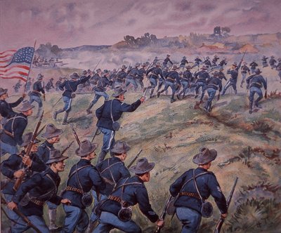 Guerra Hispanoamericana de 1898, tropas estadounidenses asaltan las alturas de San Juan en Cuba (litografía en color) de American School