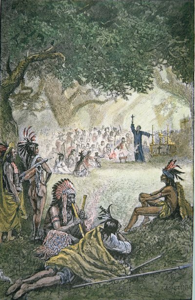 Misioneros jesuitas españoles convirtiendo a los nativos americanos en California en el siglo XVII de American School