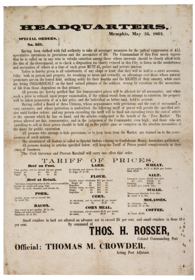Orden especial no. 357 publicando precios de alimentos para prevenir la especulación, 23 de mayo de 1862 de American School