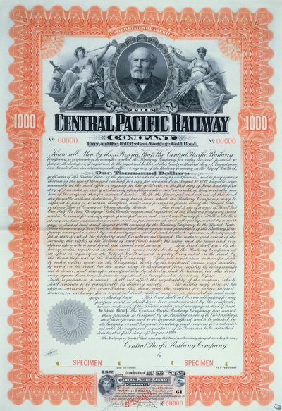 Certificado de bono de muestra por 1000 dólares para la Compañía de Ferrocarriles del Pacífico Central, 1899 de American School