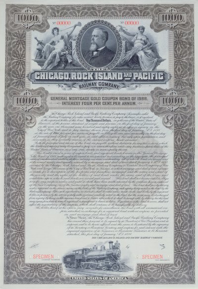 Certificado de bono de muestra por 1000 dólares para la Compañía de Ferrocarriles de Chicago, Rock Island y Pacific, 1898 de American School
